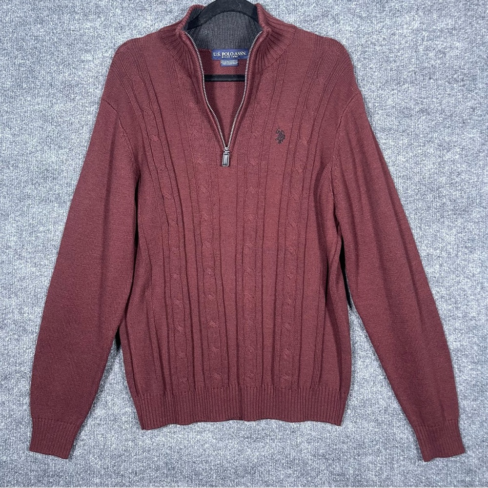 US Polo Assn‎ Mens Large Burgundy Fisherman Cable Knit 1/4 Zip Pullover Sweater